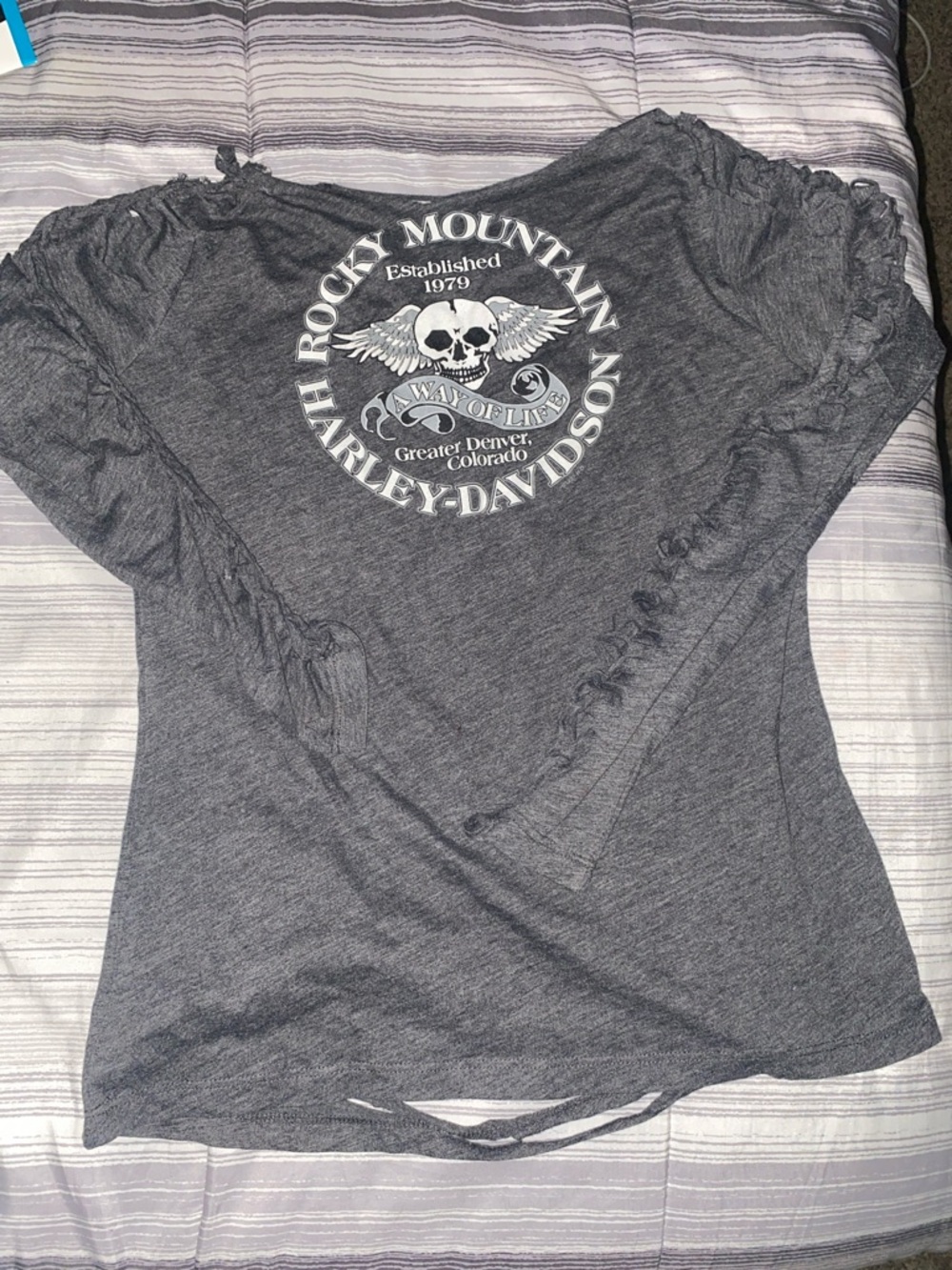 Womens Medium Pre-Owned Harley-Davidson Gray Skull & Wings Graphic Long Sleeve
